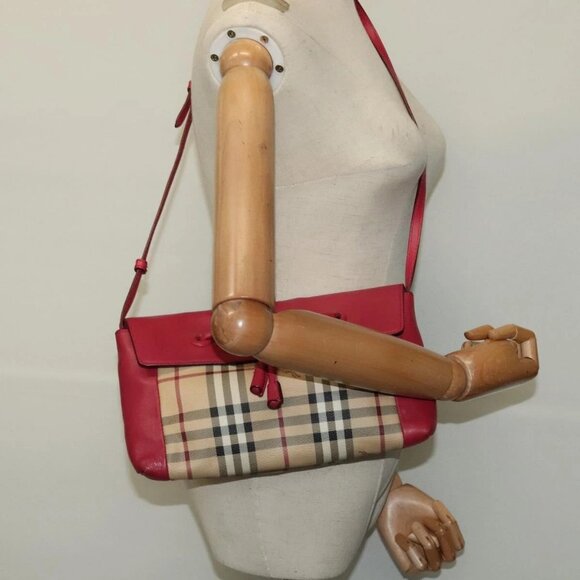 BURBERRY Nova Check Shoulder Bag PVC Leather Beige Pink Auth